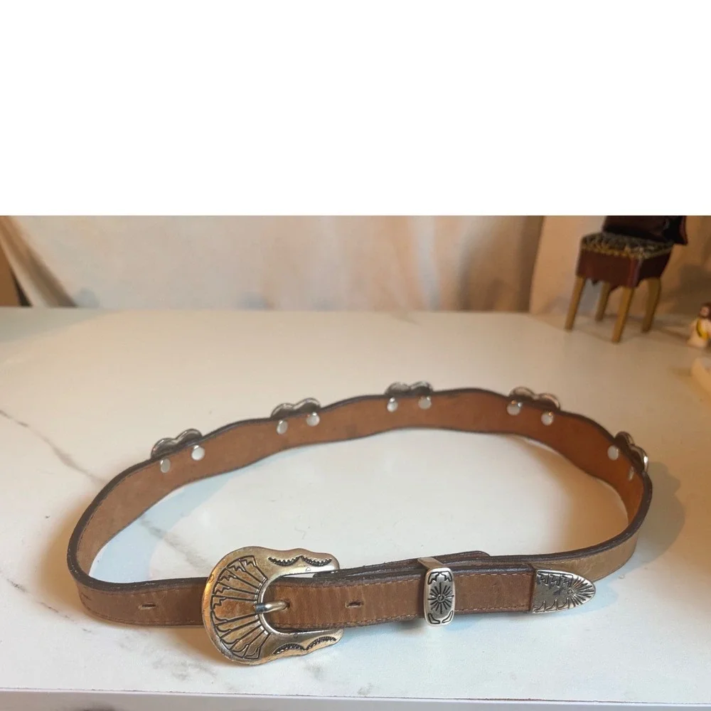 Vintage Western Tan Leather Scalloped Heart Concho Belt Silver Buckle Tip 26